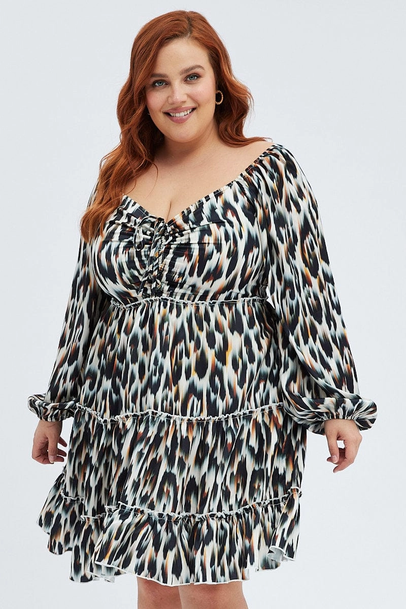 Waist-Cinching Multi Animal Print Mini Dress Gather Front Abstract Leopard Satin