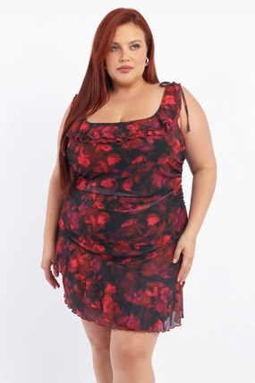 Multi Floral Mesh Mini Dress Off Shoulder Ruched Sides Semi Casual Evening Glow