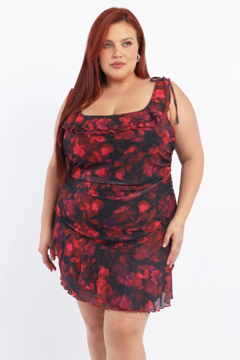 Multi Floral Mesh Mini Dress Off Shoulder Ruched Sides Semi Casual Evening Glow