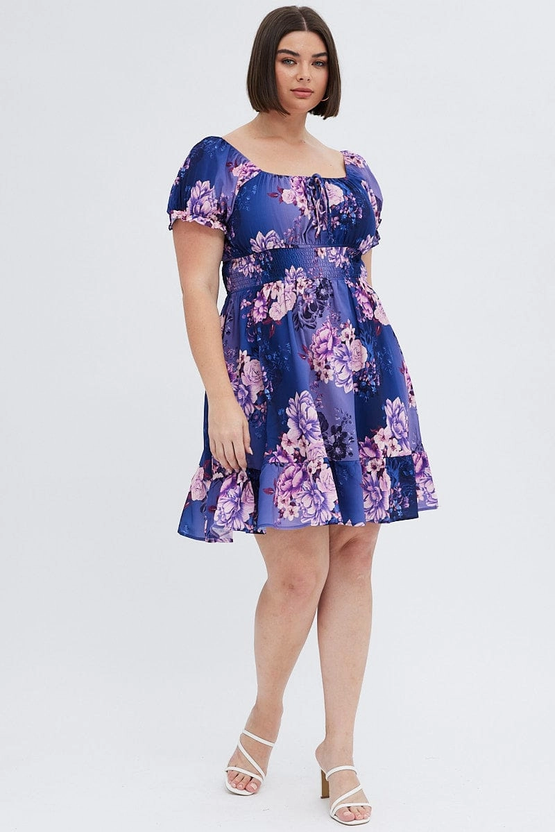 Multi Floral Skater Dress Short Puff Sleeve Crepe Tie Neck Vibrant Style