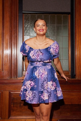 Chic Ensemble Night wear Multi Floral Skater Dress Short Puff Sleeve Crepe Tie Neck