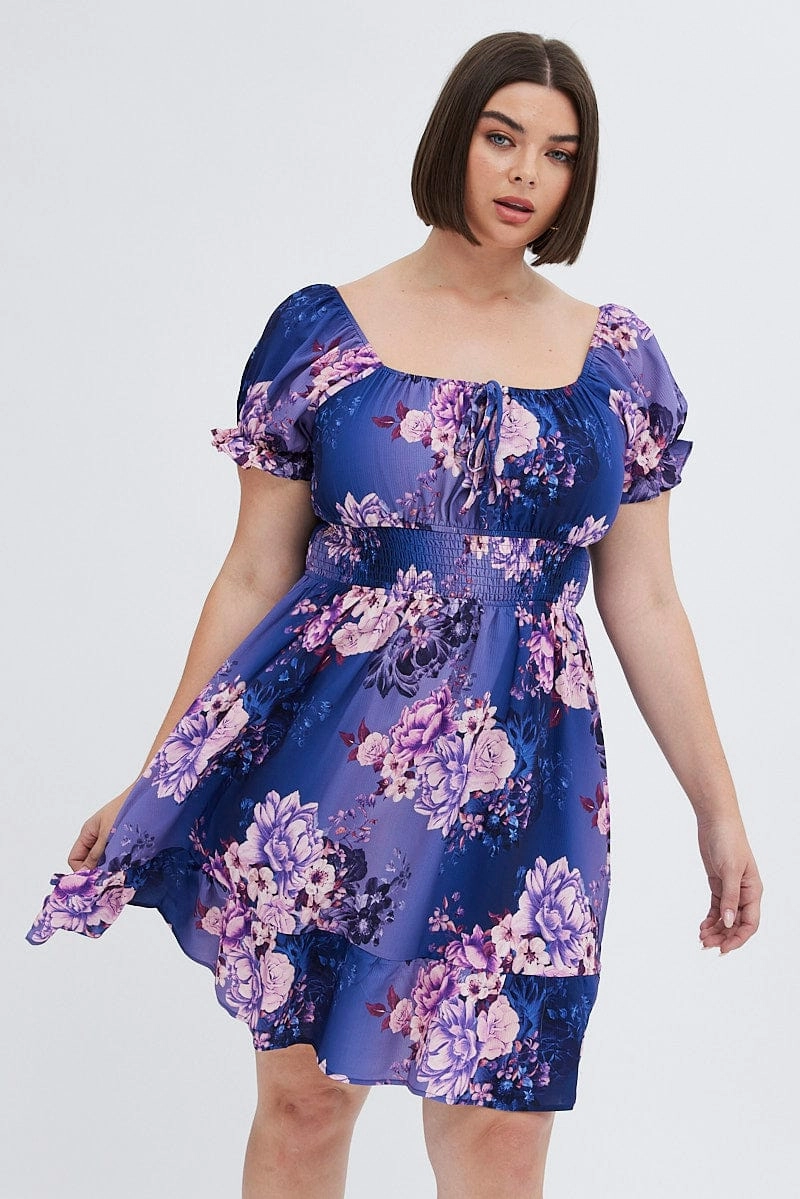 Stylish Waist Fit Multi Floral Skater Dress Short Puff Sleeve Crepe Tie Neck