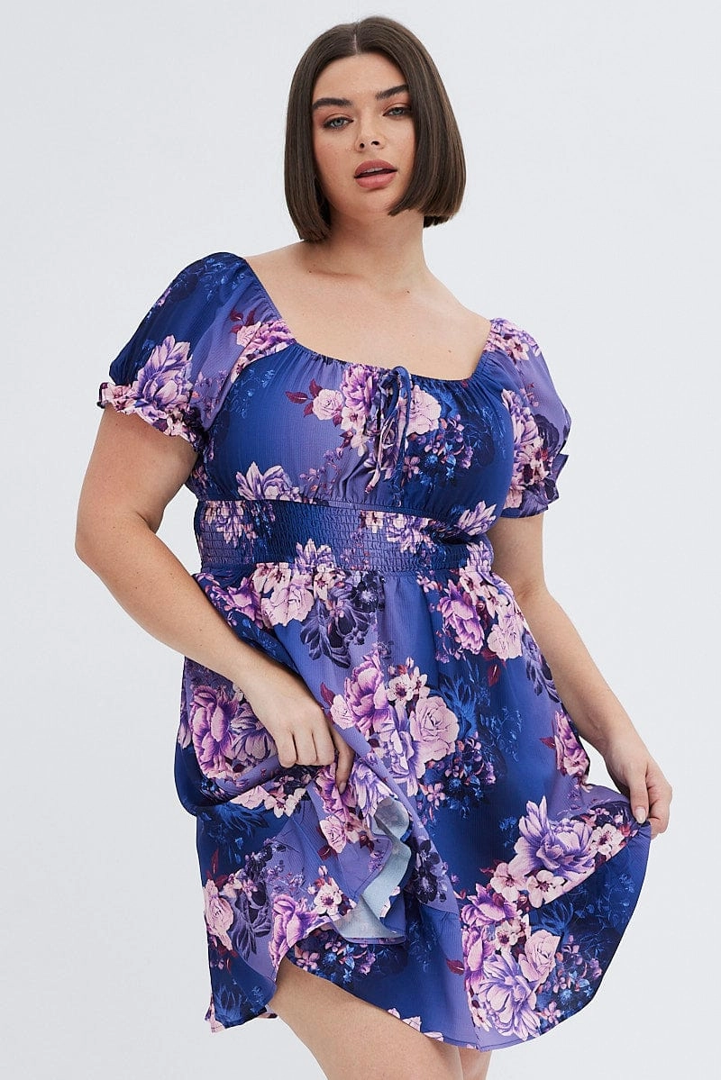 Soft-touch Shade Soft Multi Floral Skater Dress Short Puff Sleeve Crepe Tie Neck