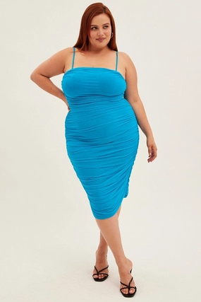 Blue Midi Dress Strapless Bodycon Mesh Ruched Side Date night