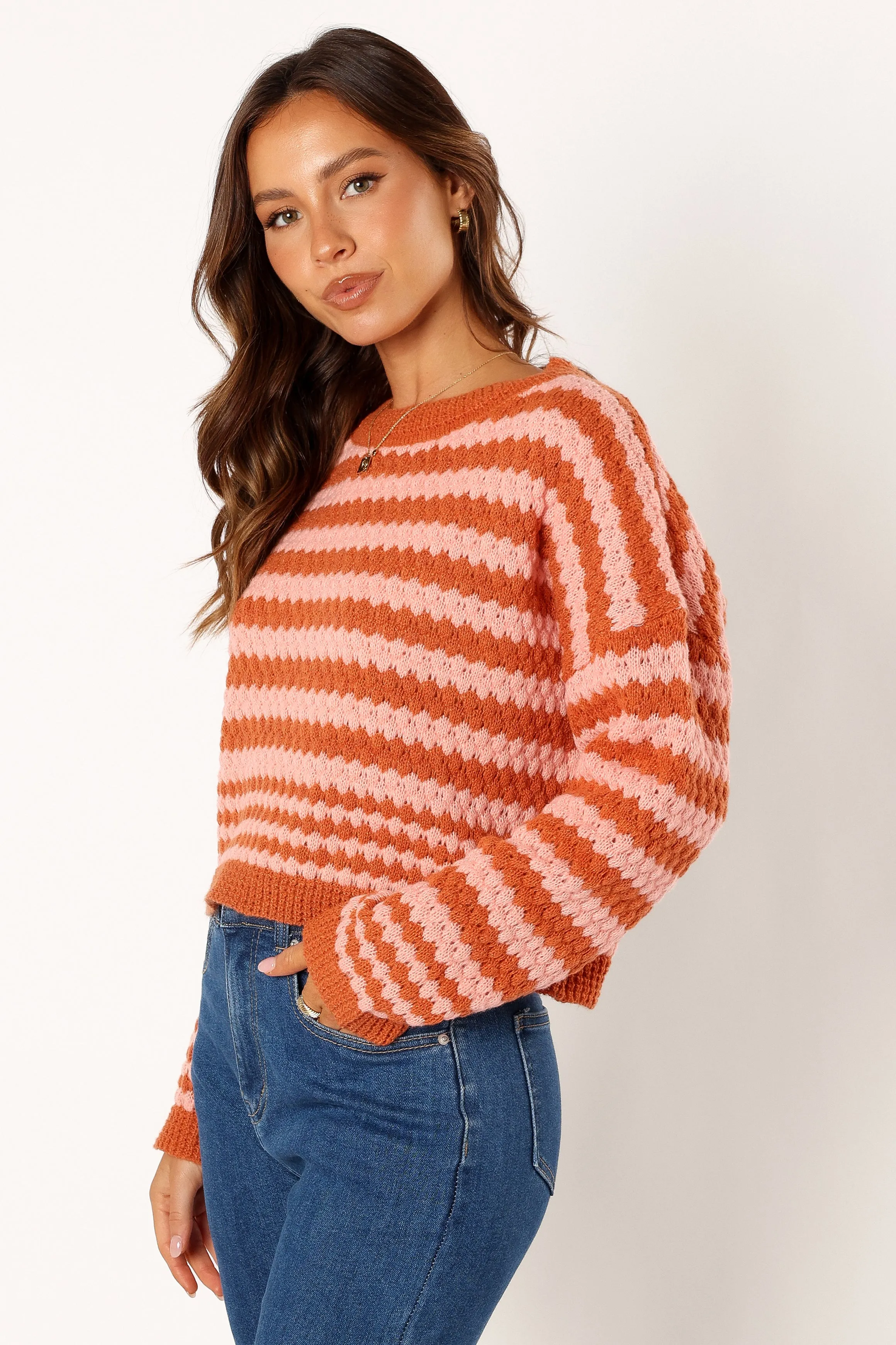 Ventilated Mesh Panels Multi Layer Weaving Yasmin Striped Crewneck Knit Sweater - Orange Pink