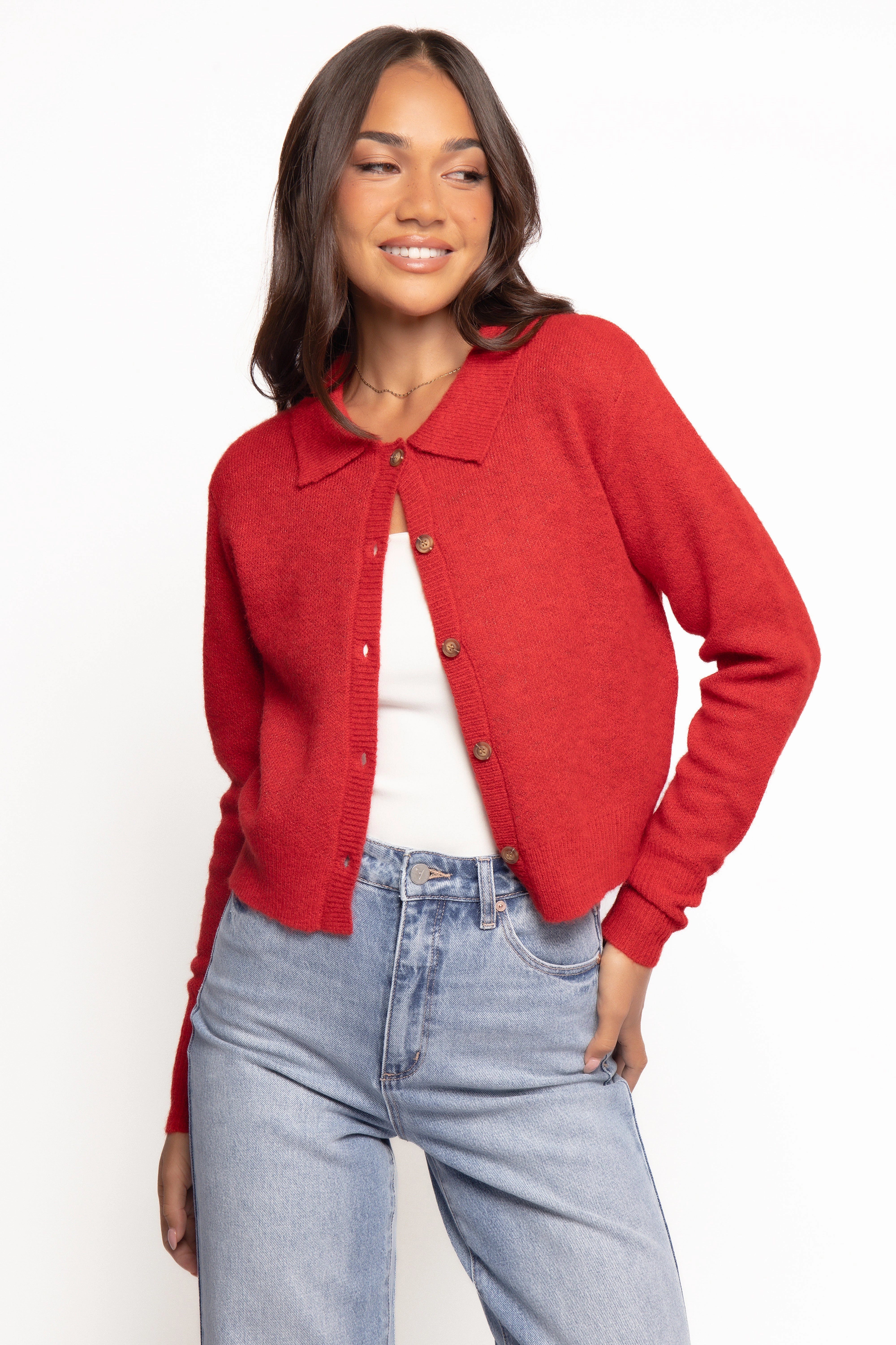 Ventilation Panel Naya Collar Cardigan - Red
