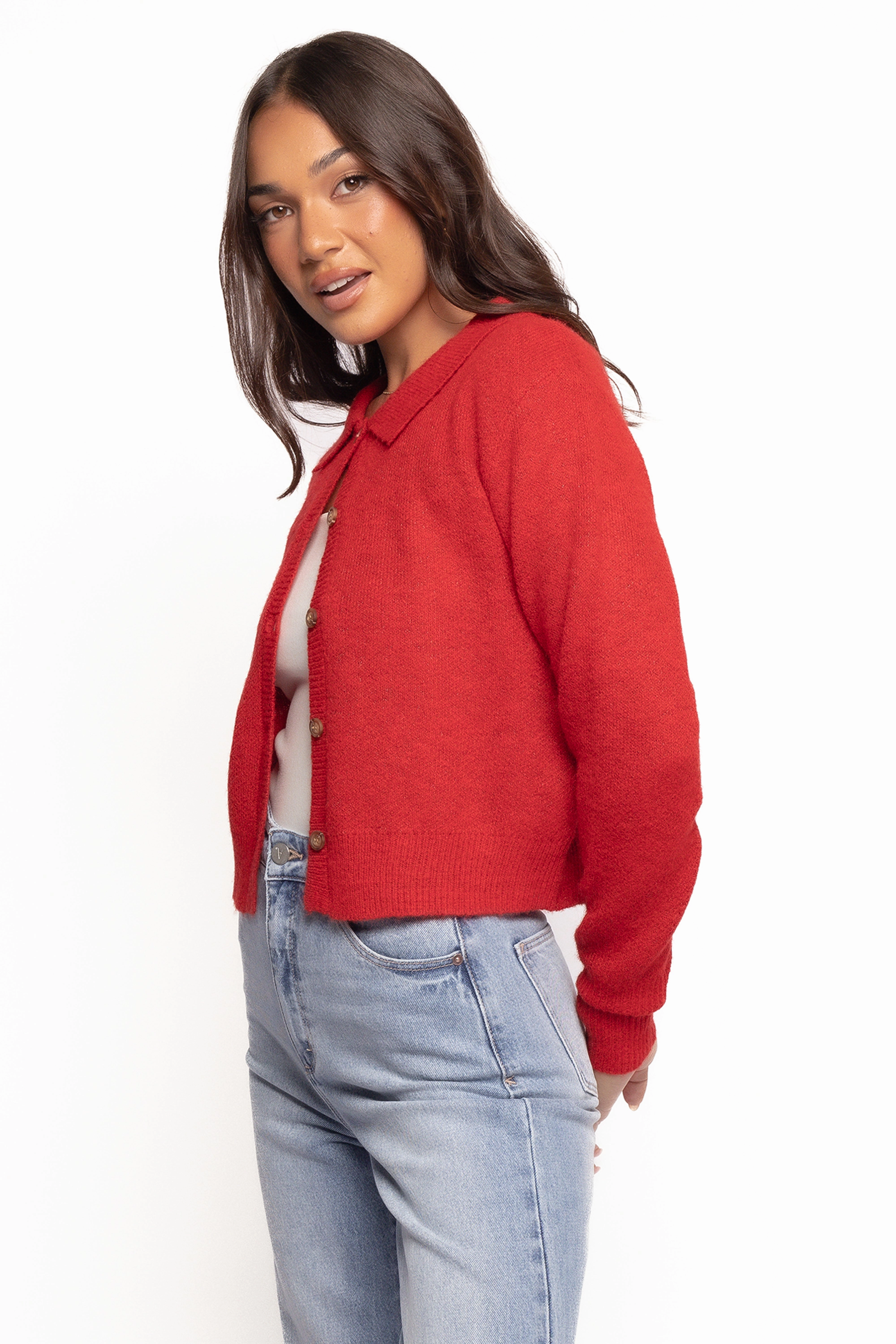 Naya Collar Cardigan - Red Temperature Regulating Lining Street Warmth