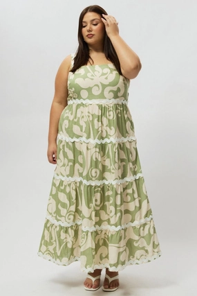 Timeless Energy Formal Setting Green Abstract Midi Dress Sleeveless Ric Rac Tiered Linen Blend