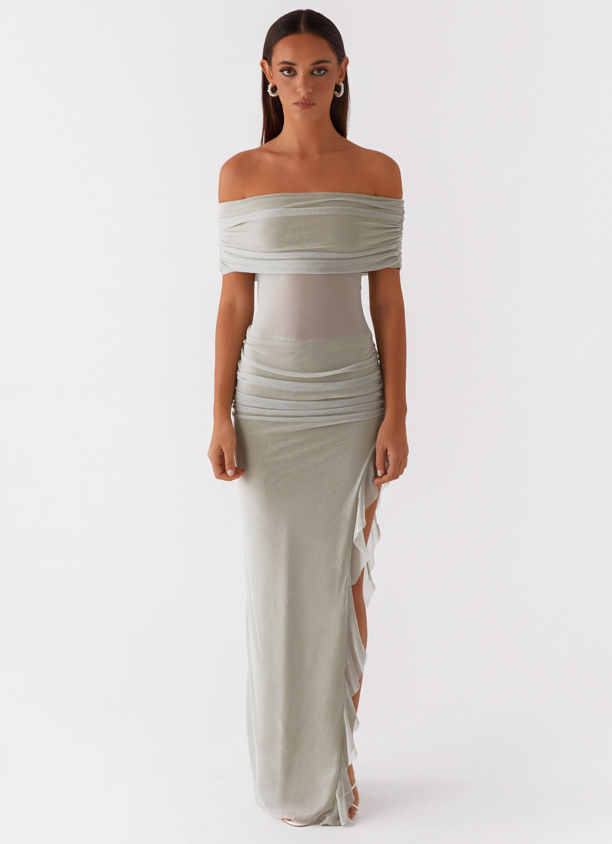 Nelly Off Shoulder Maxi Dress - Pistachio Gathered Skirt Slim Form