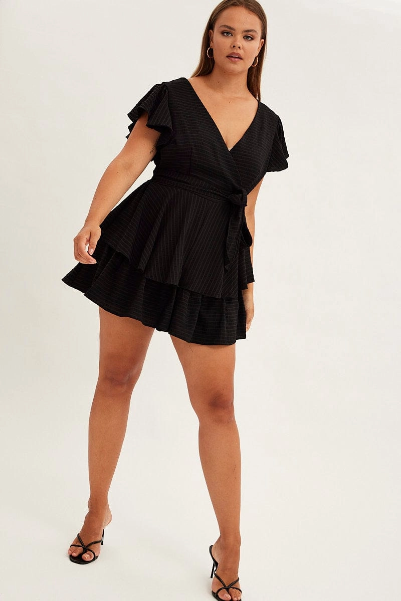 Wardrobe-Staple Perfect Shape Black Short Playsuit Flare Sleeve Textured Stripe