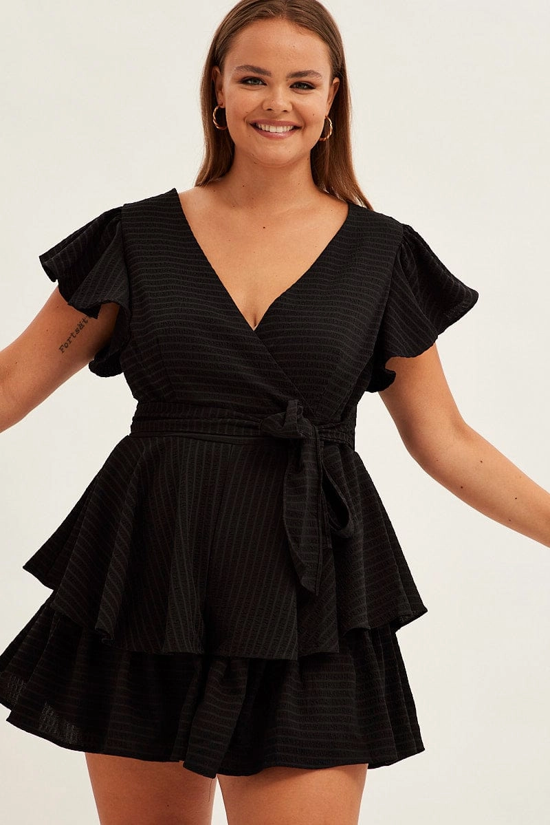 Black Short Playsuit Flare Sleeve Textured Stripe Artistic Vibe