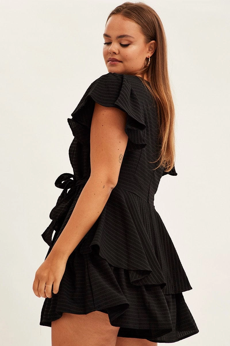 Black Short Playsuit Flare Sleeve Textured Stripe Seasonal Comfort Soft Air