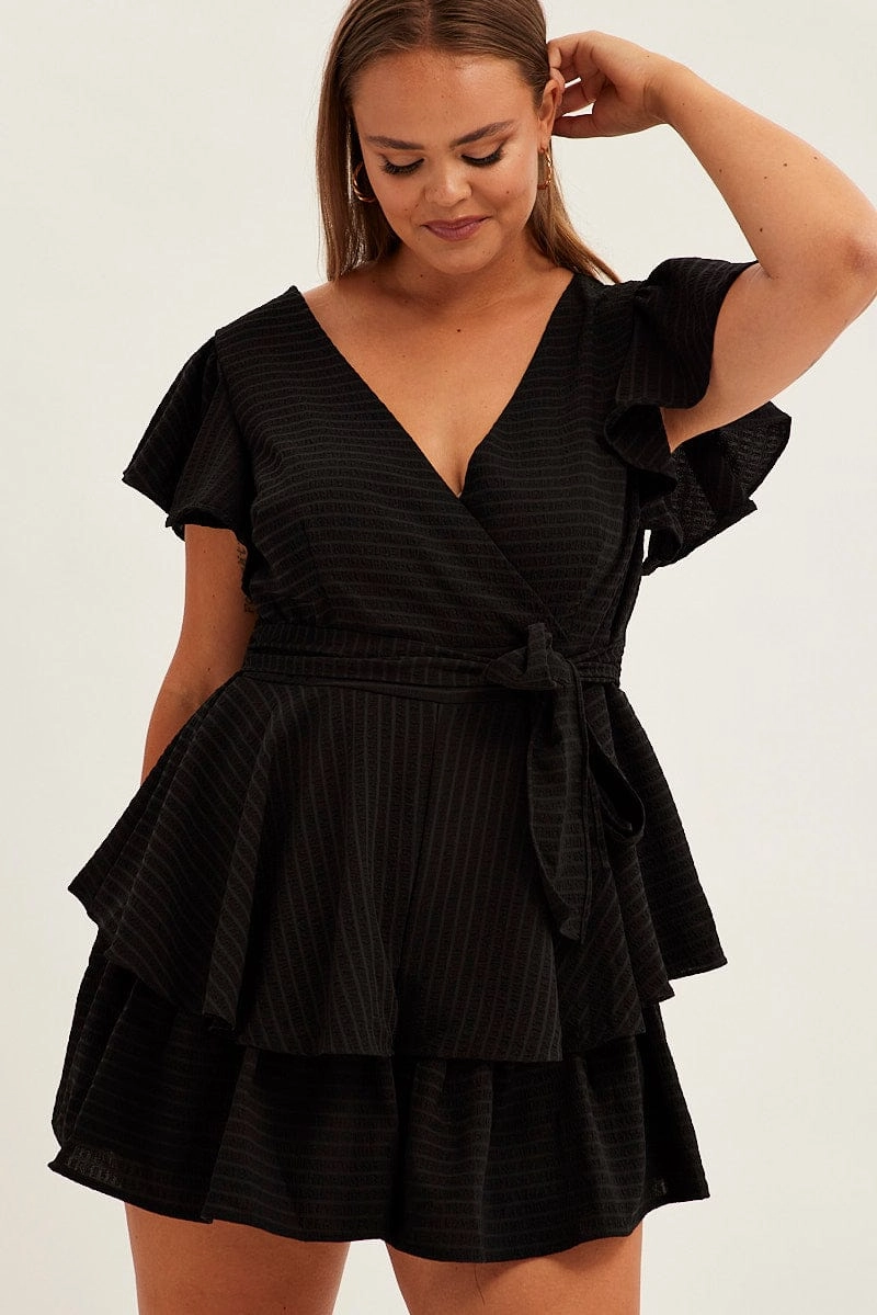 Flexible Mood Black Short Playsuit Flare Sleeve Textured Stripe