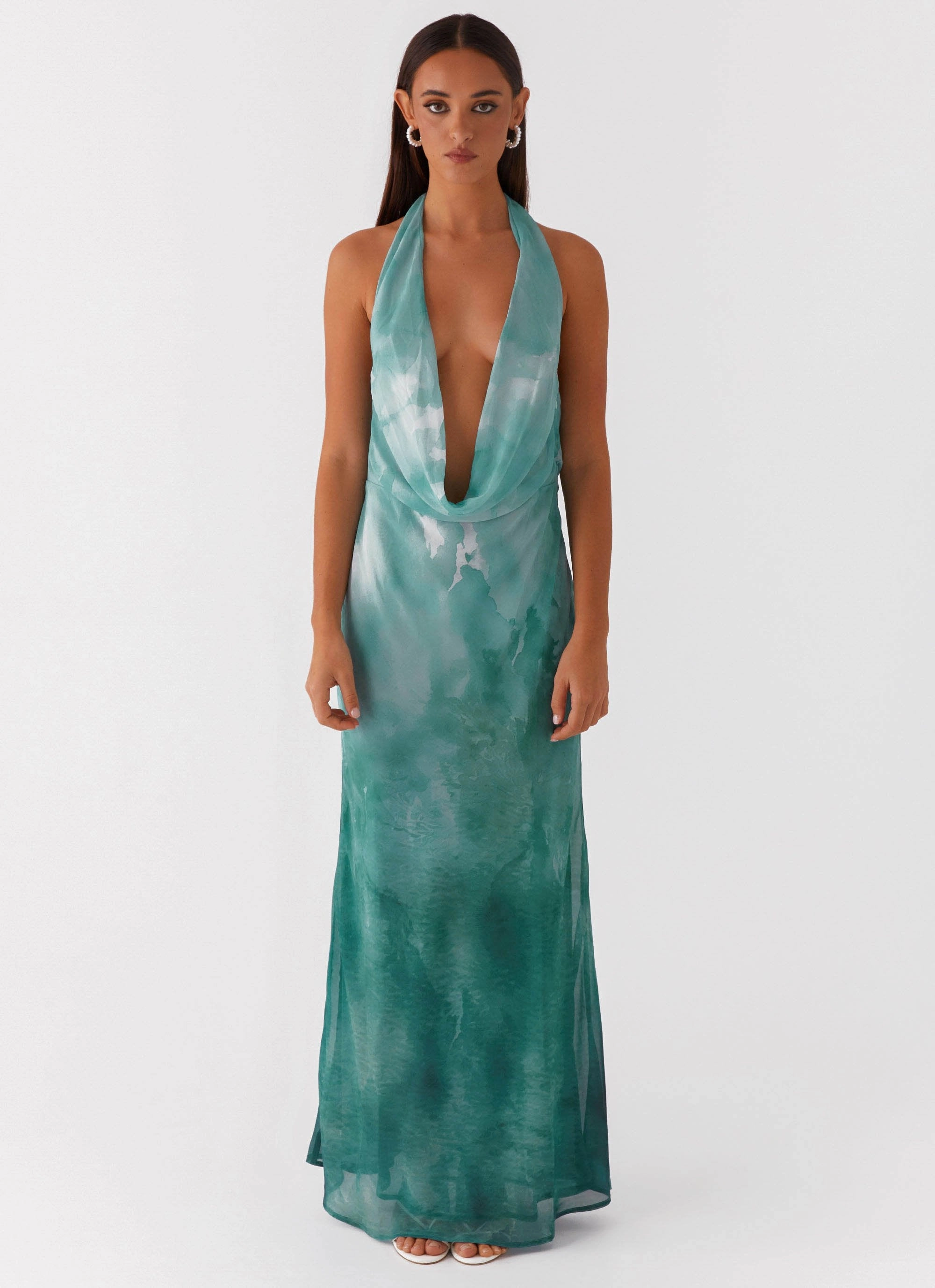 Refined fit Feminine Design Nerissa Cowl Neck Maxi Dress - Green Tie Dye