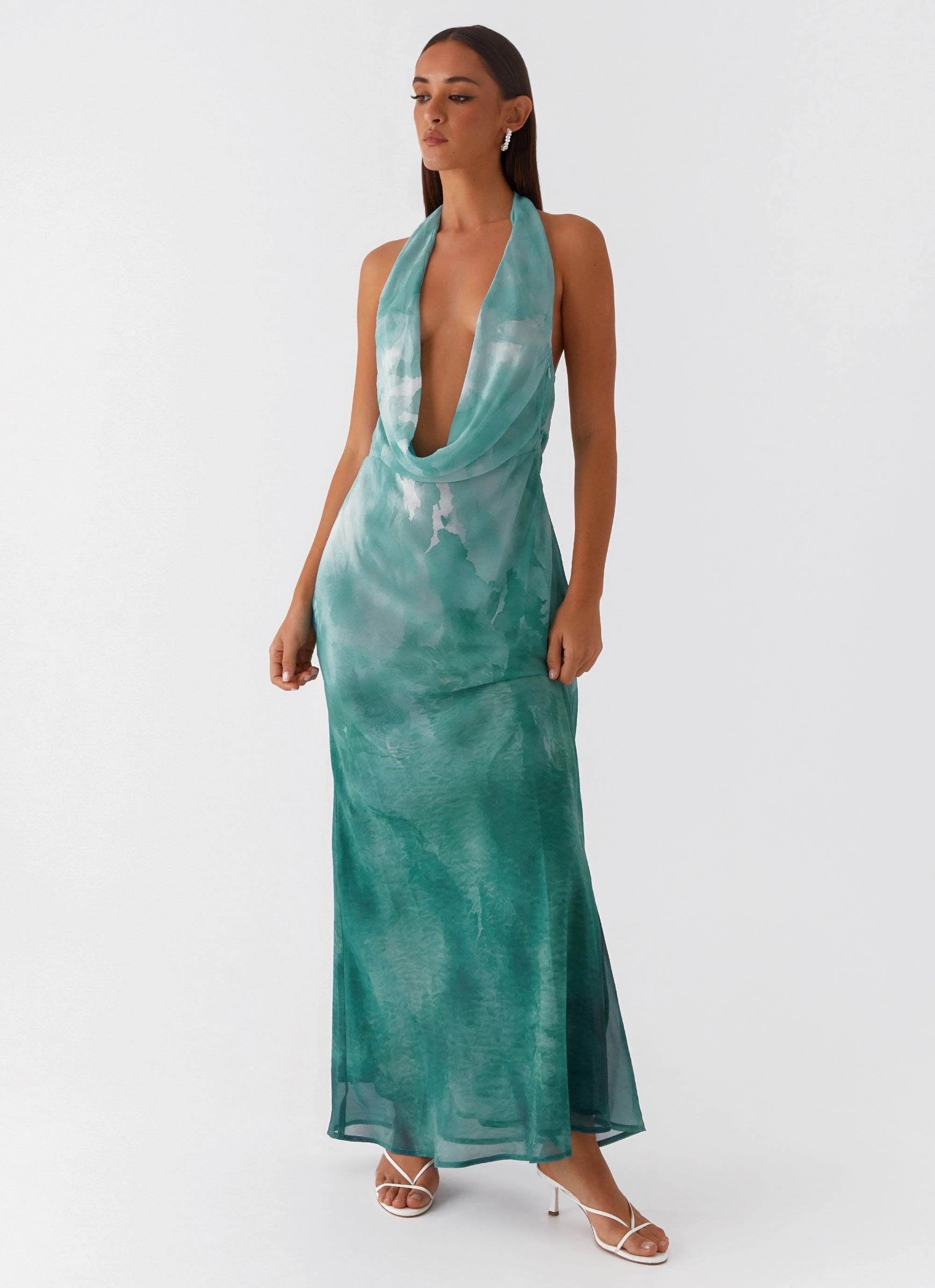 Layerable Piece Cotton Touch Nerissa Cowl Neck Maxi Dress - Green Tie Dye