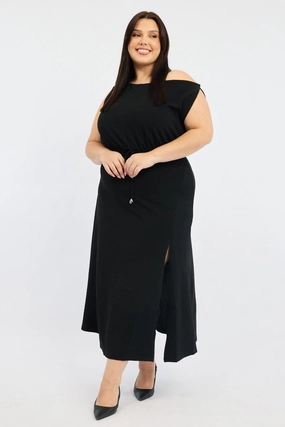 Black Asymmetric Off Shoulder Tie Belt Jersey Dress All Purpose