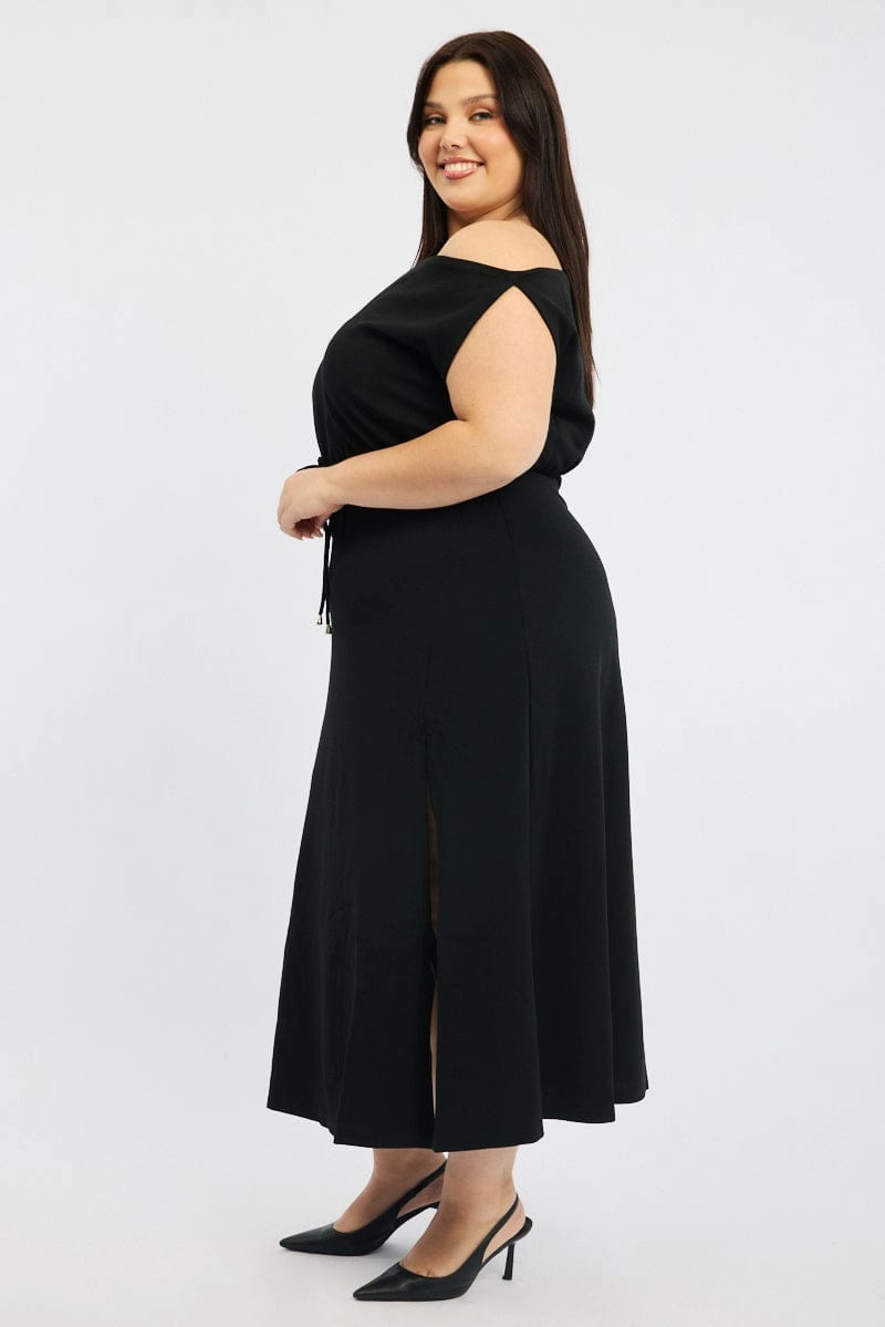 Polished Cut Black Asymmetric Off Shoulder Tie Belt Jersey Dress