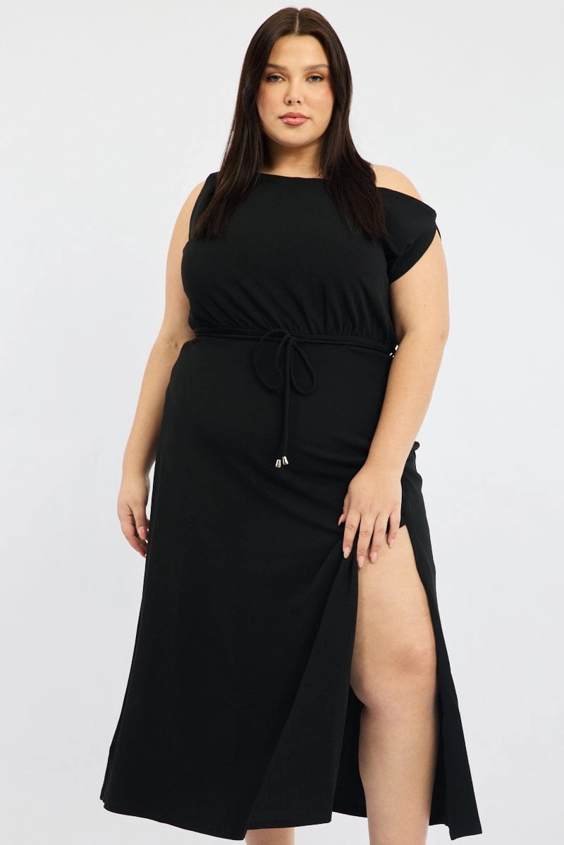Black Asymmetric Off Shoulder Tie Belt Jersey Dress Cool Season
