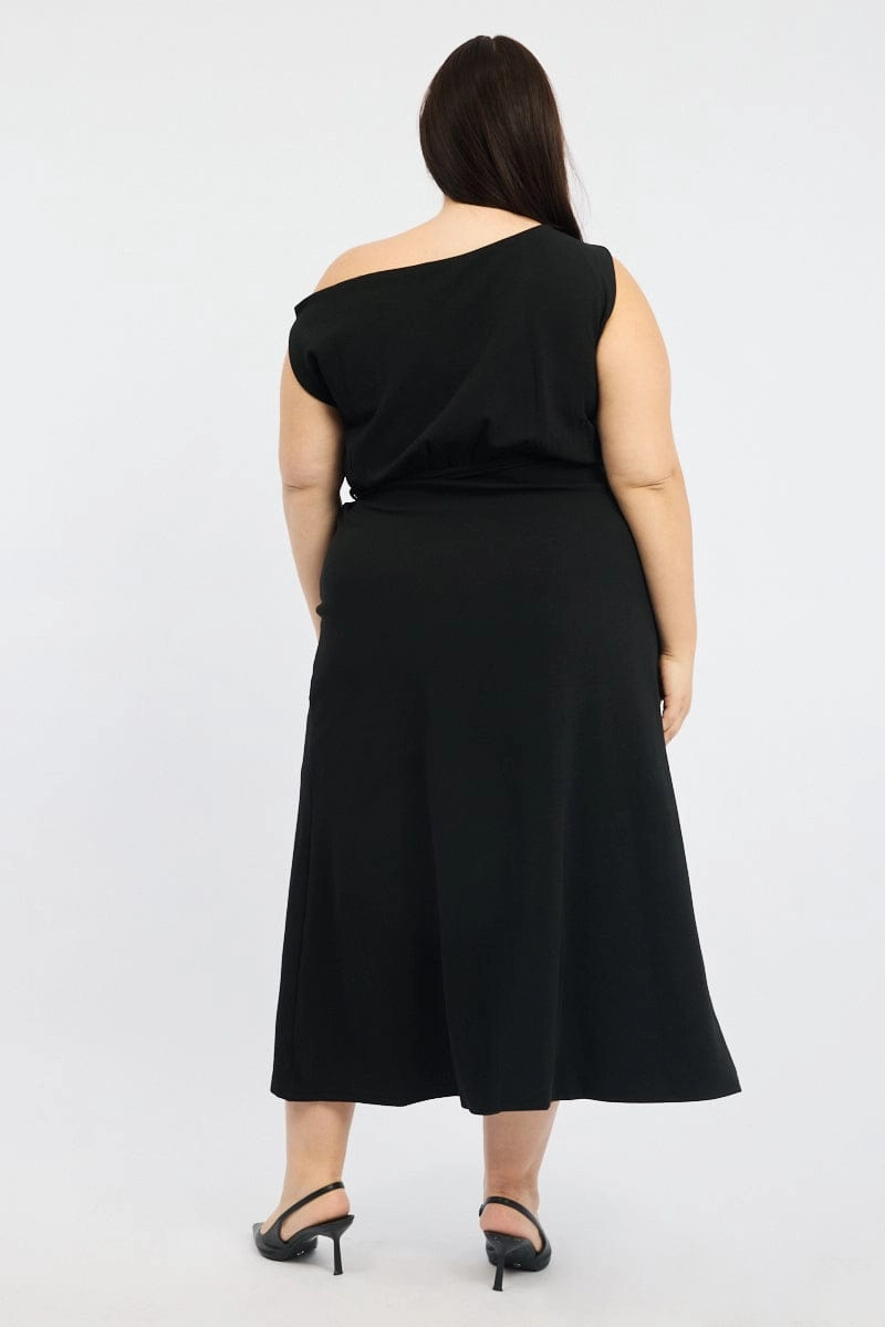 Black Asymmetric Off Shoulder Tie Belt Jersey Dress Bold Color Lightweight-Comfort