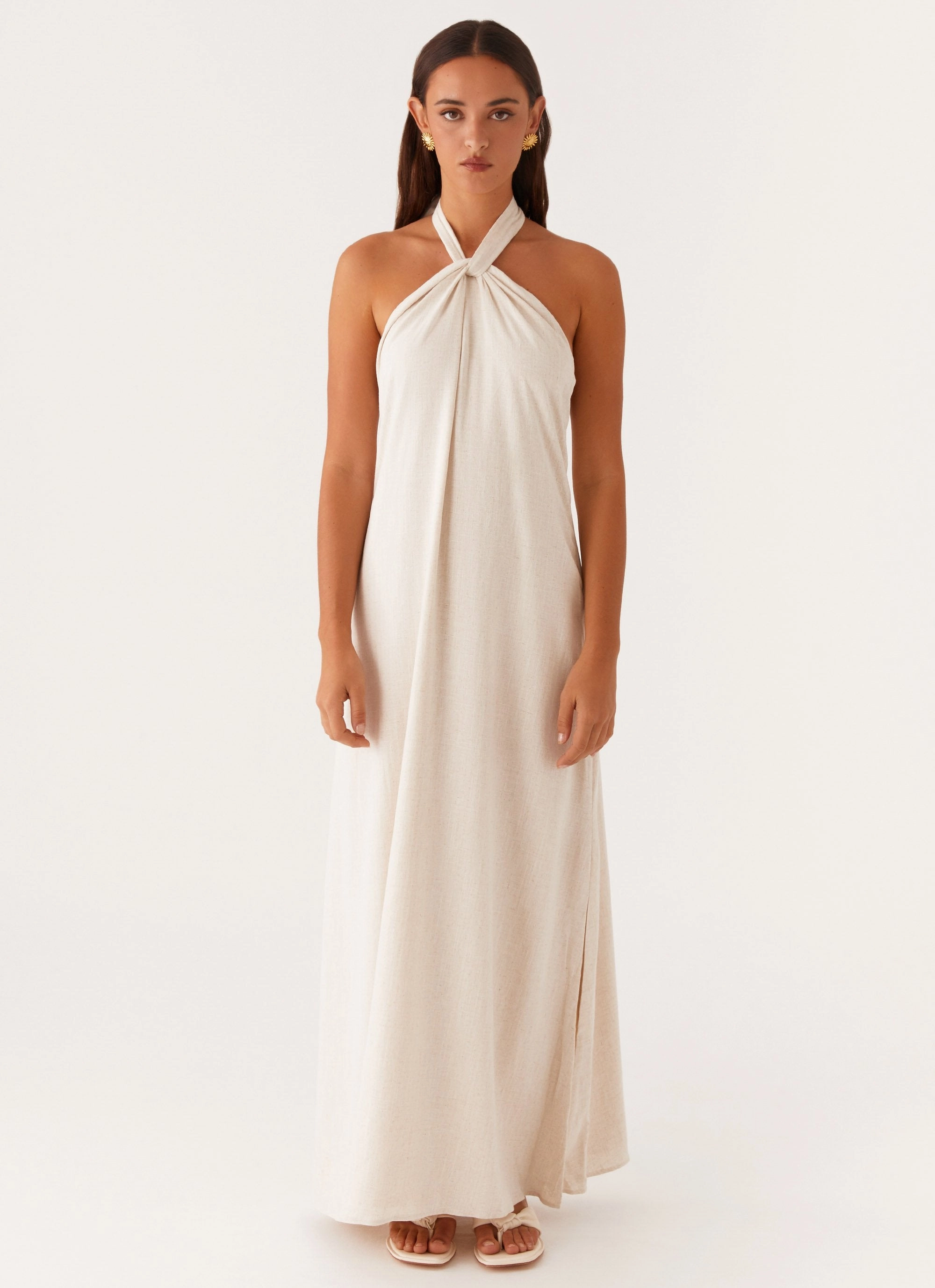 Feminine Charm Golden Child Linen Maxi Dress - Oatmeal