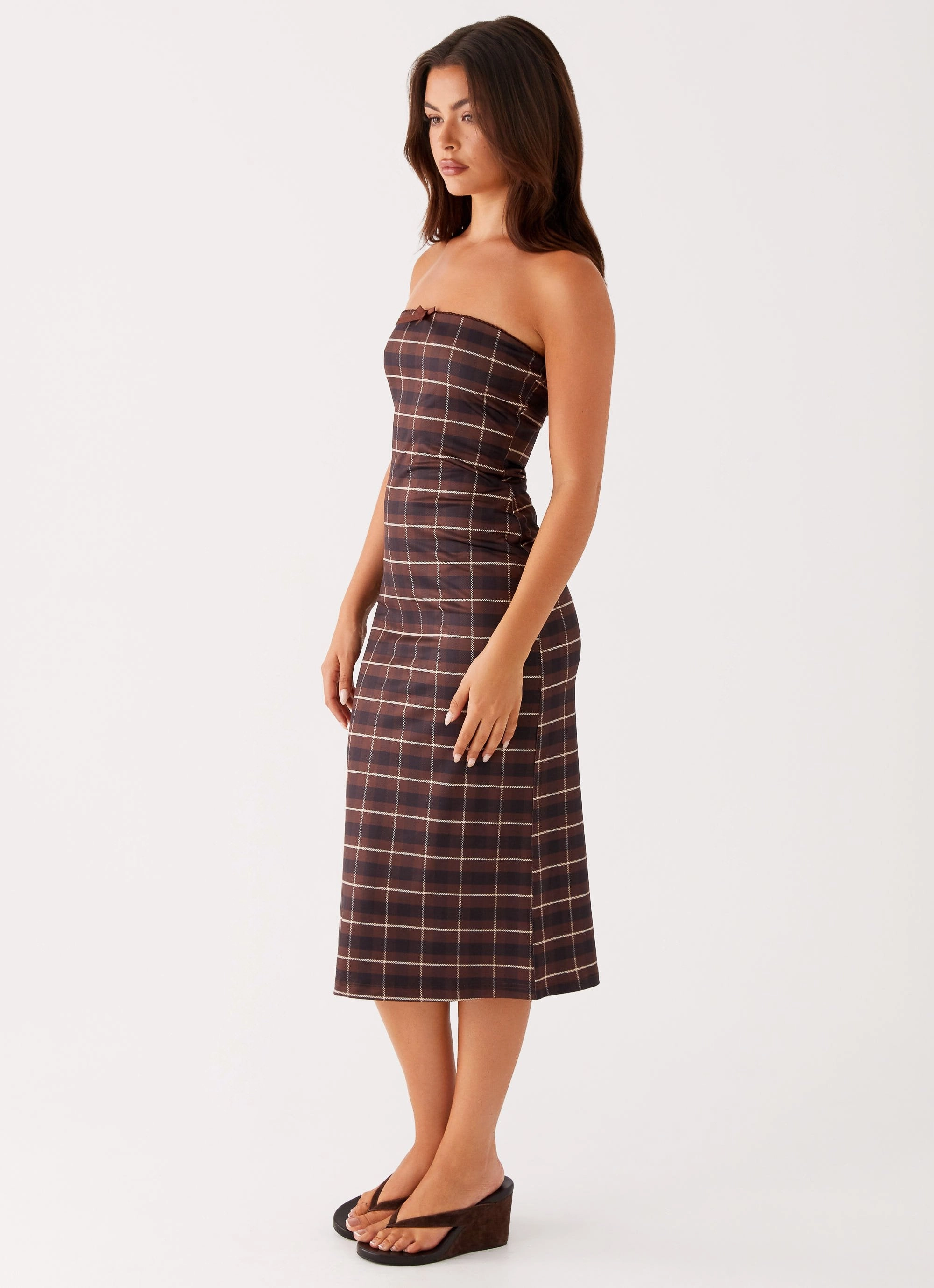 Fall Mood Niko Strapless Midi Dress - Brown Black Check