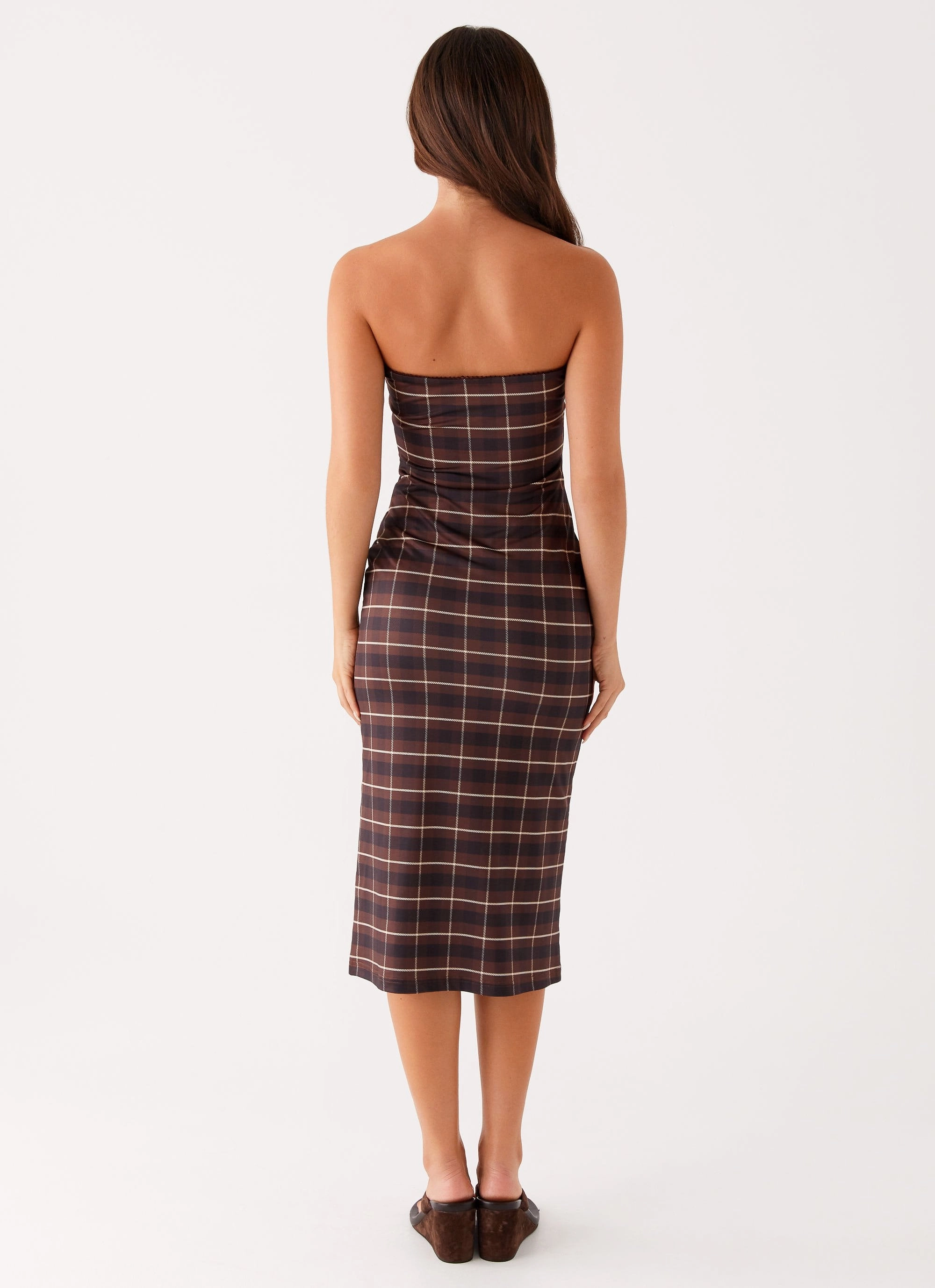 Quiet Glow Balanced Texture Niko Strapless Midi Dress - Brown Black Check