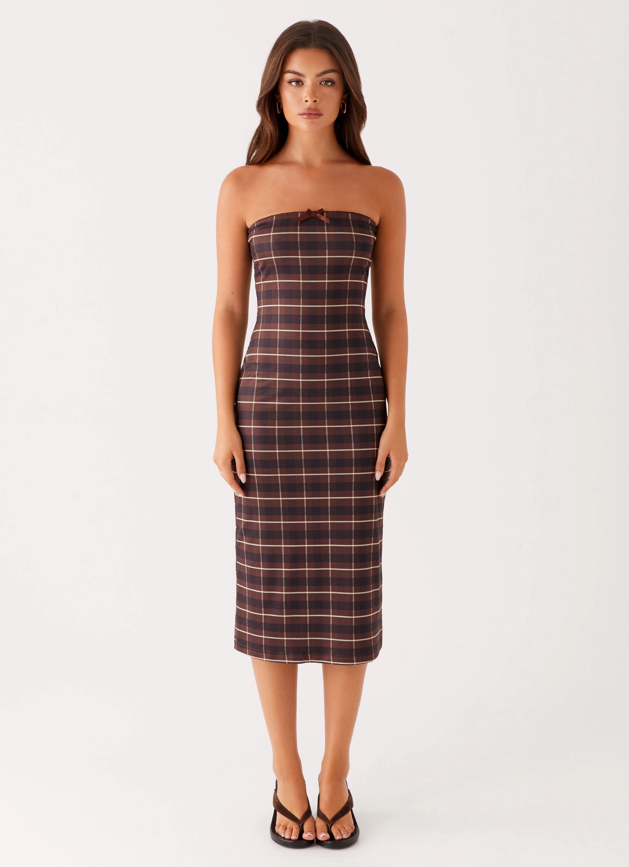Niko Strapless Midi Dress - Brown Black Check Chic Casual Wear