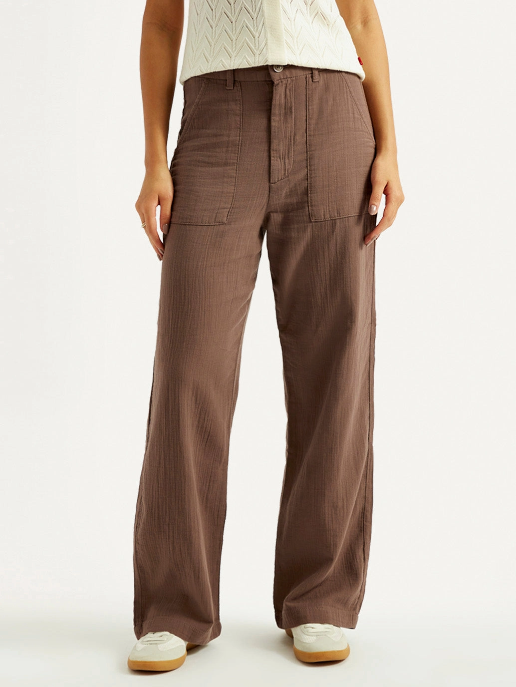 Simple and Cozy Women's Brown Loose Fit Mid Rise Trousers