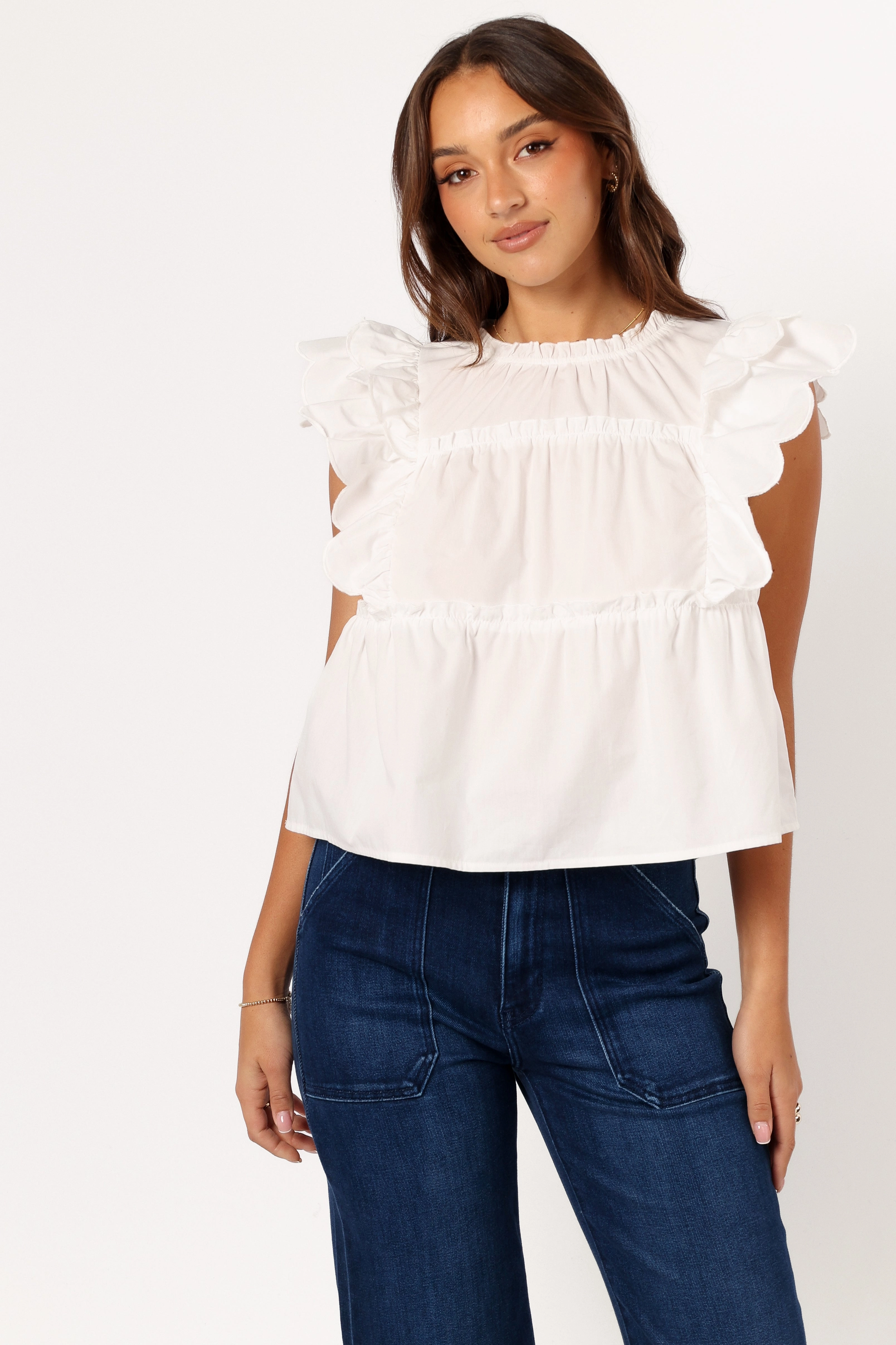 Elaine Ruffle Top - Off White Conference Appropriate