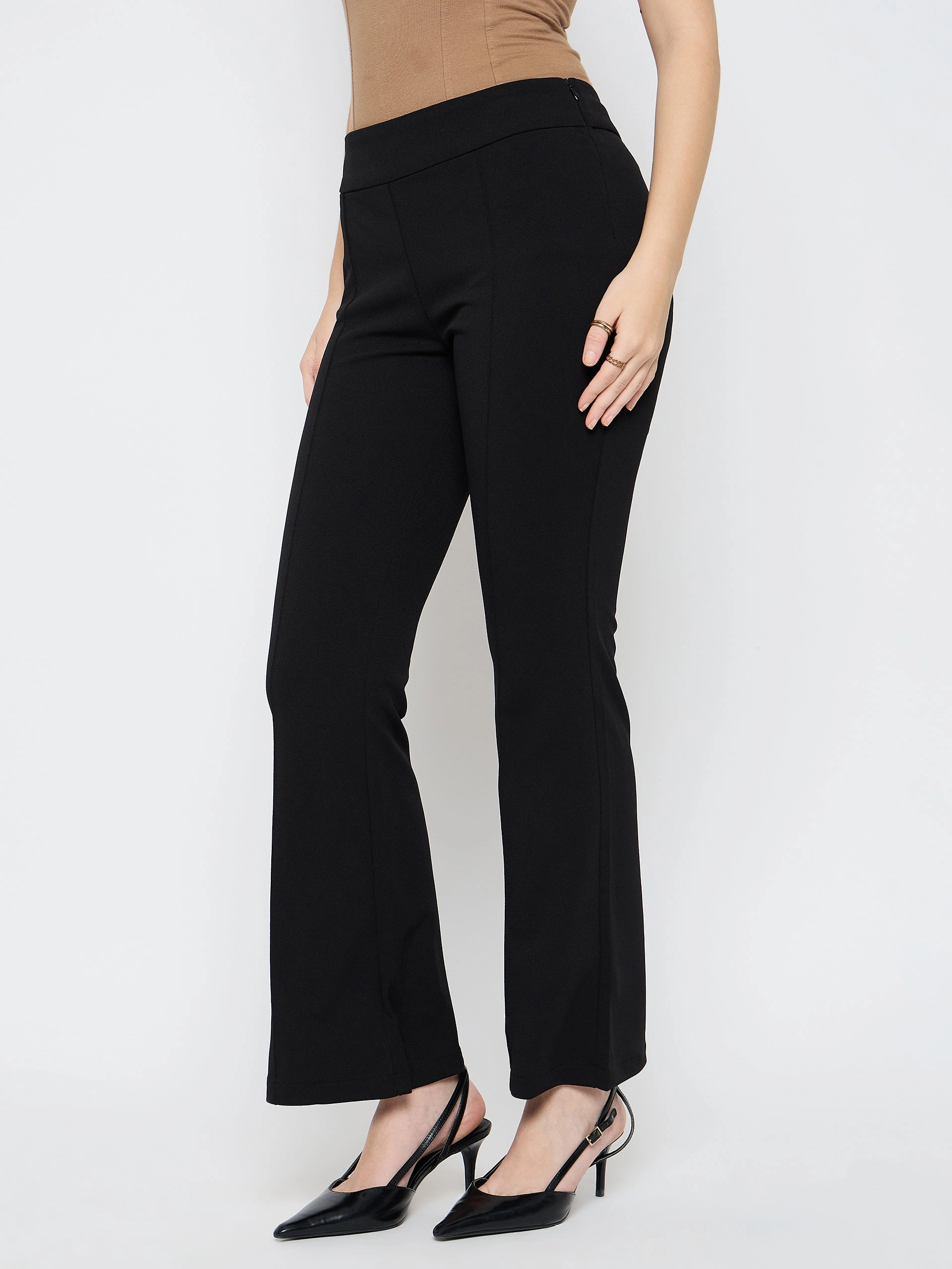 Quick Fit Design Madame Pleat Detailed Solid Black Flared Trousers