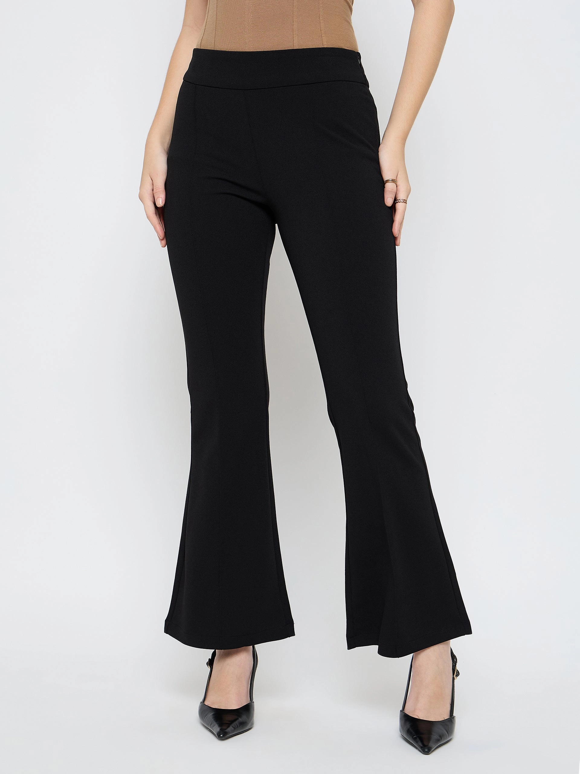 Madame Pleat Detailed Solid Black Flared Trousers Utility pocket Moisture Management