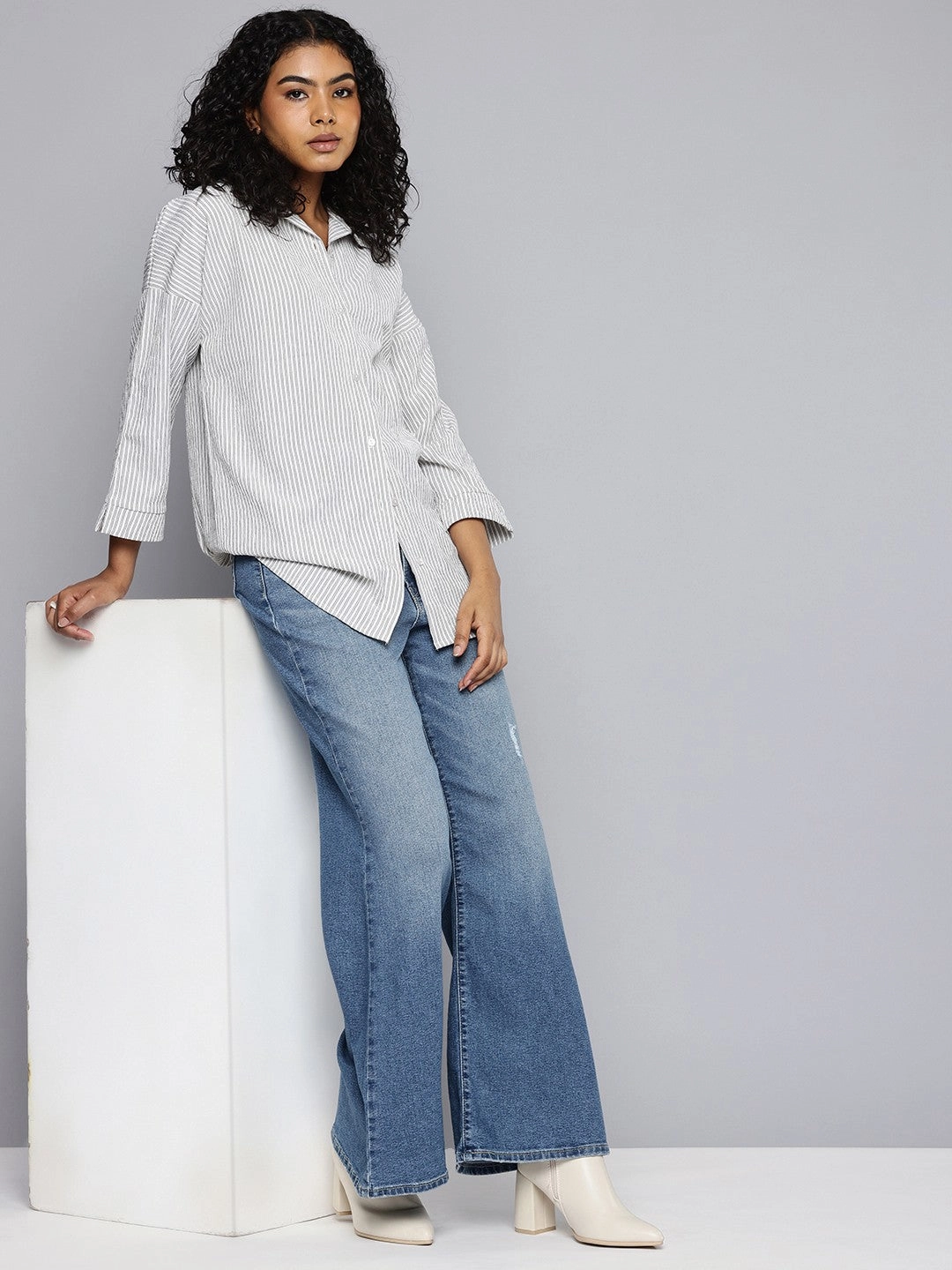 Women's Blue Ribcage Bell Bottom Wide Leg Fit High Rise Jeans Universal Basic