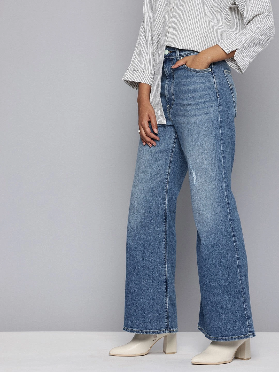 Women's Blue Ribcage Bell Bottom Wide Leg Fit High Rise Jeans Anytime Fit