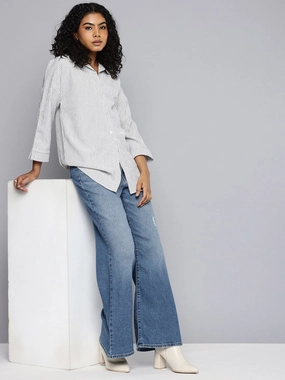 Women's Blue Ribcage Bell Bottom Wide Leg Fit High Rise Jeans Universal Basic