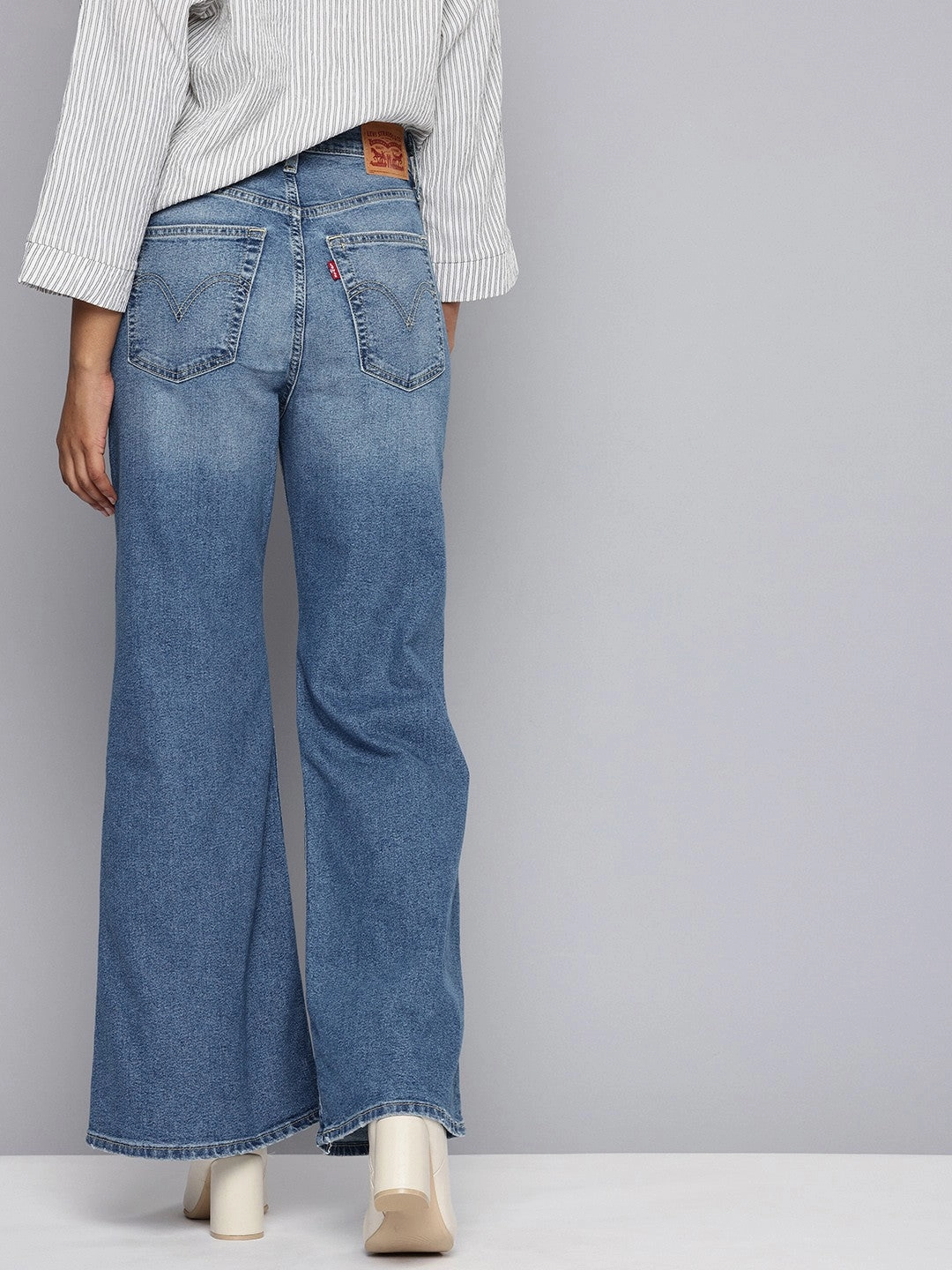 Women's Blue Ribcage Bell Bottom Wide Leg Fit High Rise Jeans Cool Outfitters Bold Casual Friday