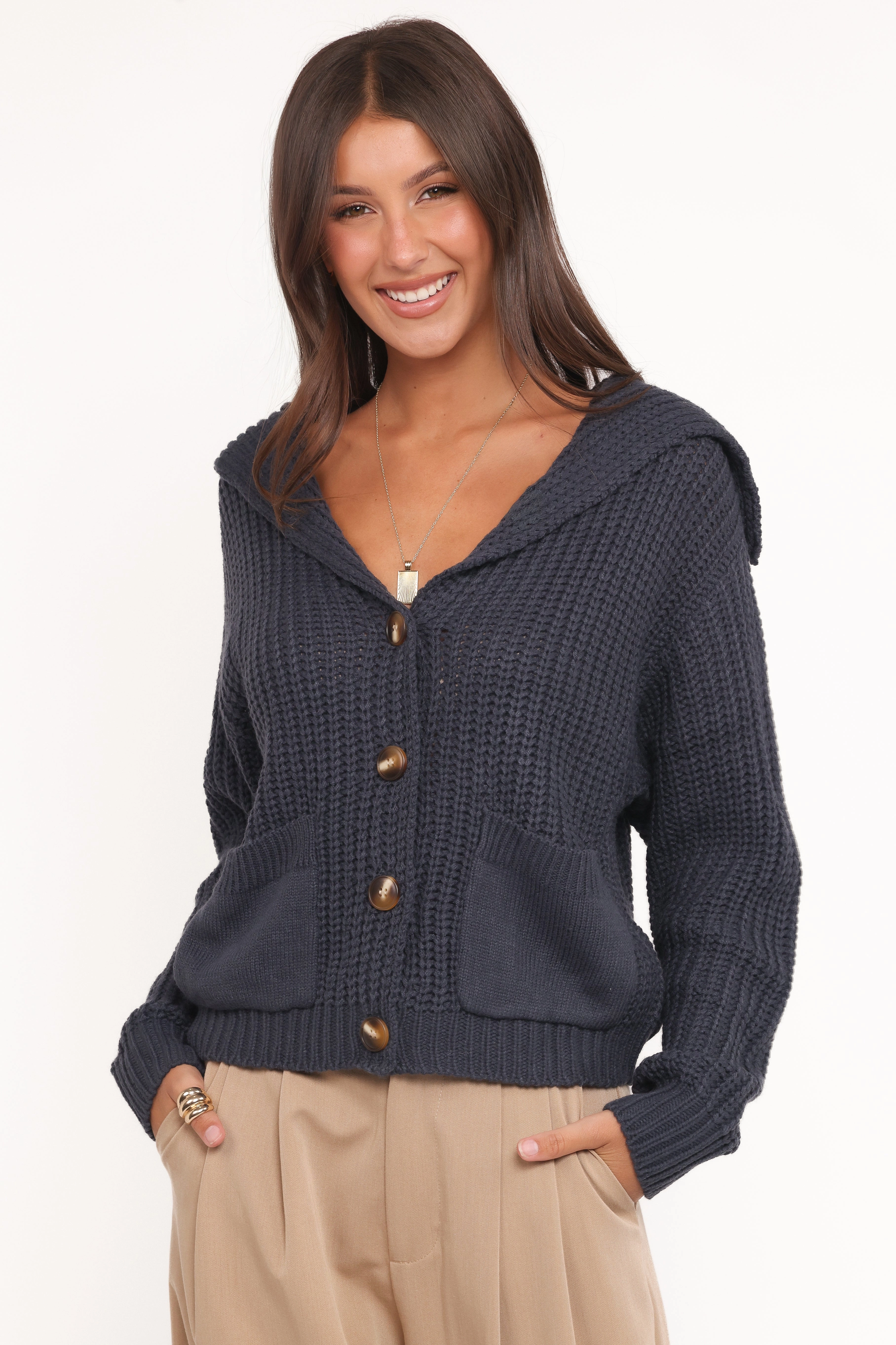 Outdoor Warmth Amelia Oversize Collar Button Cardigan - Navy