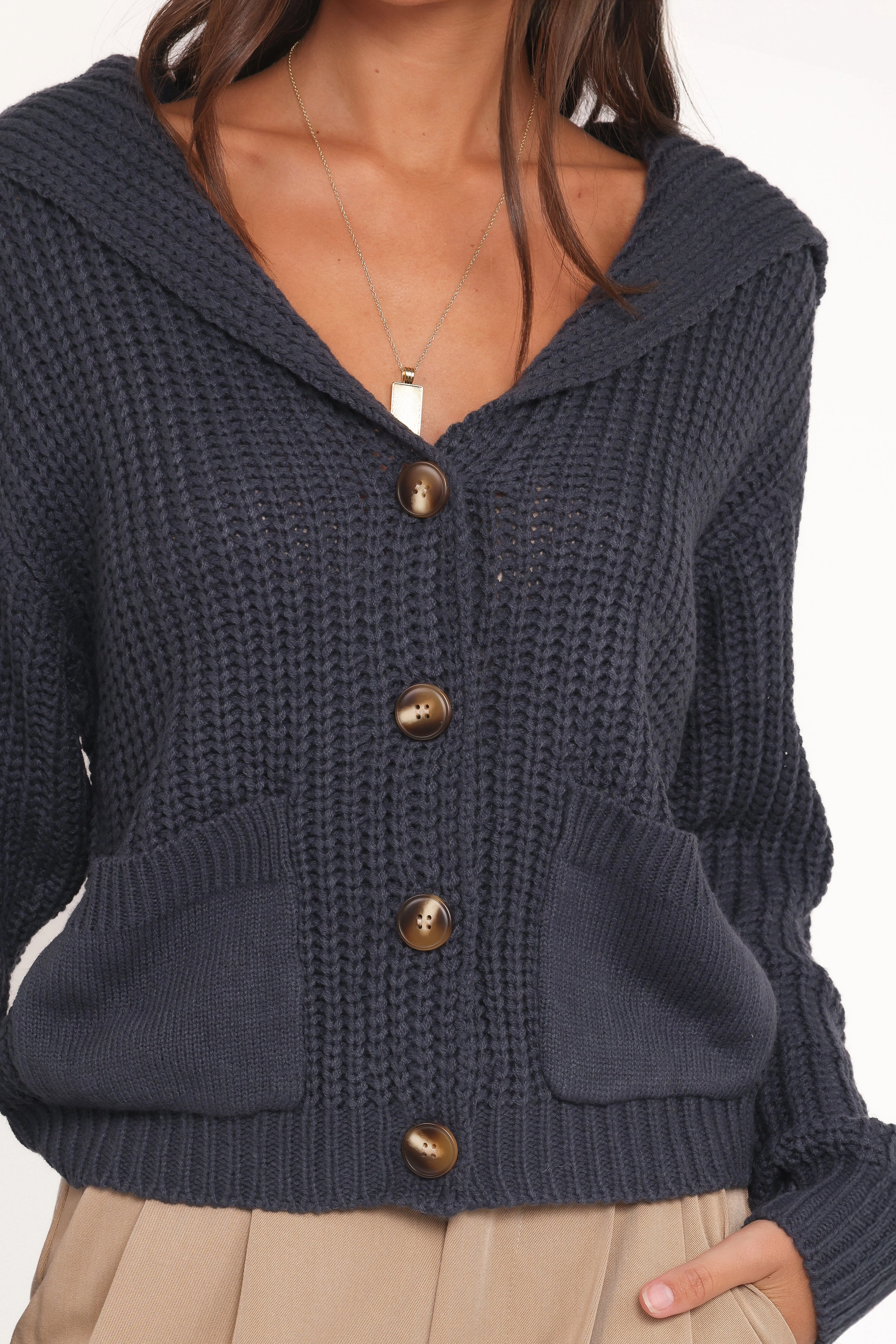 Amelia Oversize Collar Button Cardigan - Navy Layered Texture No-Fuss Look