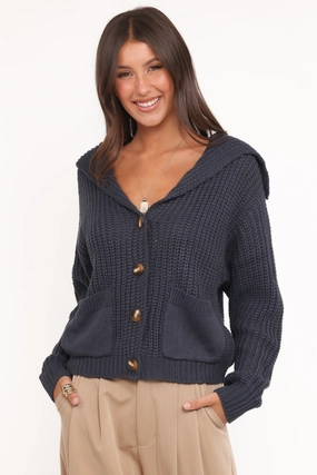 Outdoor Warmth Amelia Oversize Collar Button Cardigan - Navy