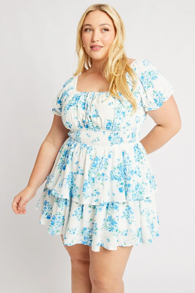 Olive Tone Draped Layer Blue Floral Shirred Waist Detail Layer Minidress