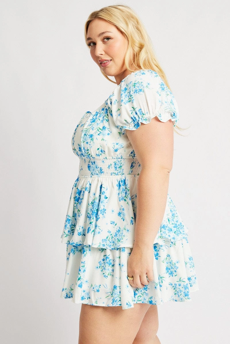 Blue Floral Shirred Waist Detail Layer Minidress Sharp Profile