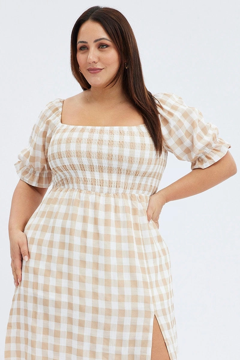 Nude Check Midi Dress Split Front Large Gingham Check Contrast-Lining french chic