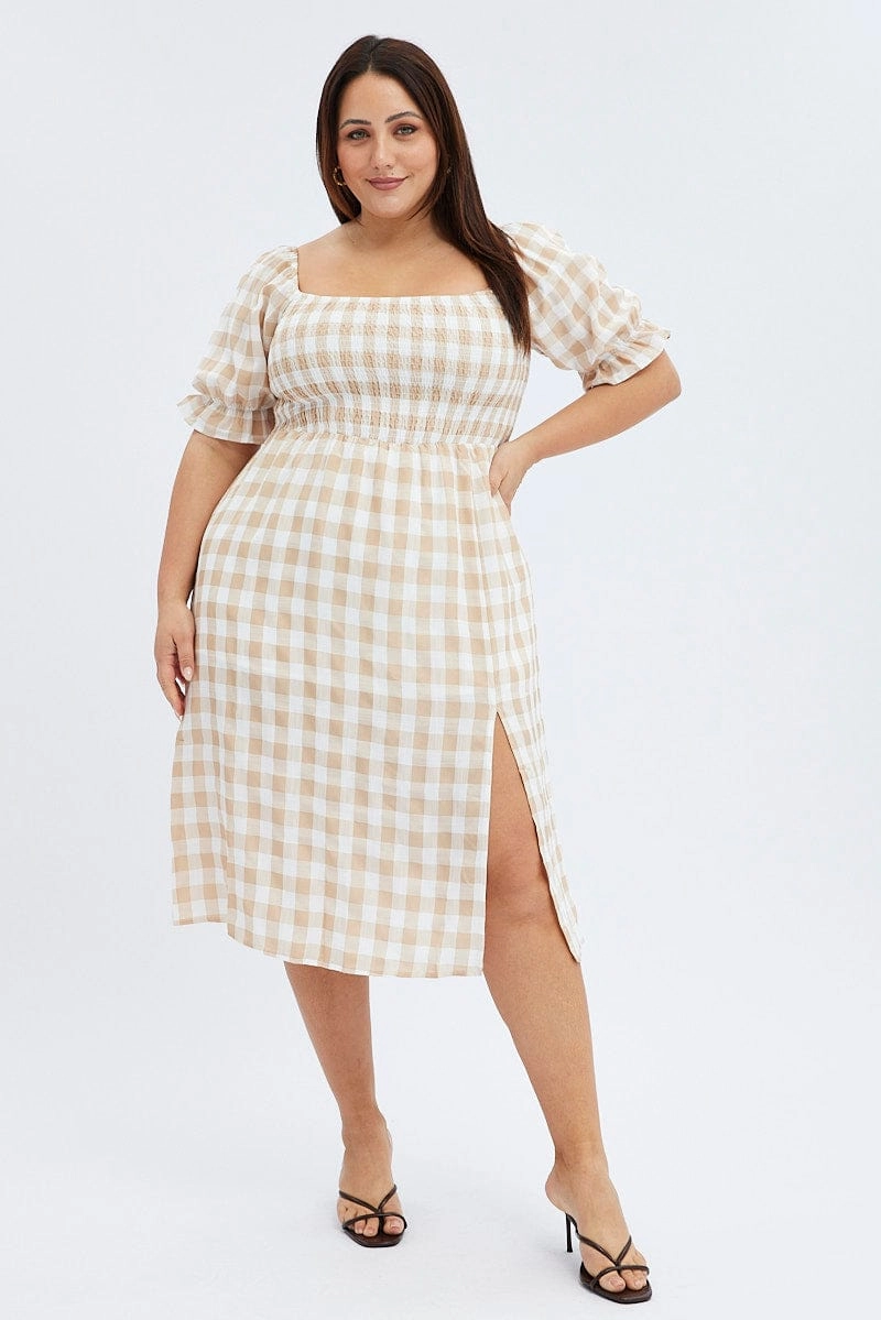 Night Ready Sophisticated Vibe Nude Check Midi Dress Split Front Large Gingham Check