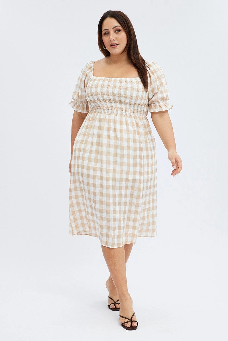 Joy Glow Nude Check Midi Dress Split Front Large Gingham Check