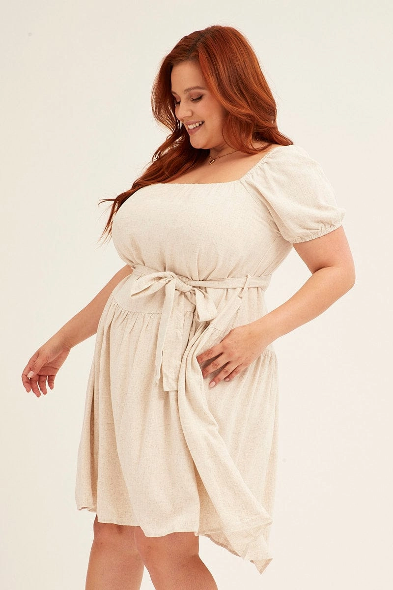 Mid Fit Oatmeal Mini Dress Short Sleeve Scoop Neck Linen Blend