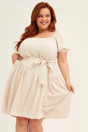Soft and Stylish Oatmeal Mini Dress Short Sleeve Scoop Neck Linen Blend