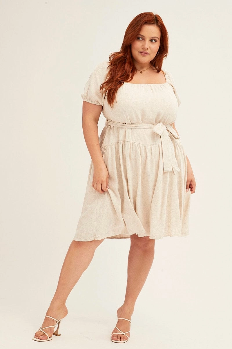 Oatmeal Mini Dress Short Sleeve Scoop Neck Linen Blend Brunch Tone