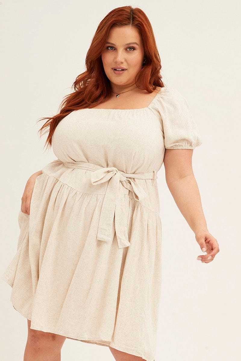 Delicate Finish Oatmeal Mini Dress Short Sleeve Scoop Neck Linen Blend