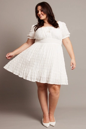 White Textured Check Cotton Blend Shirred Waist Mini Dress Special-Occasion