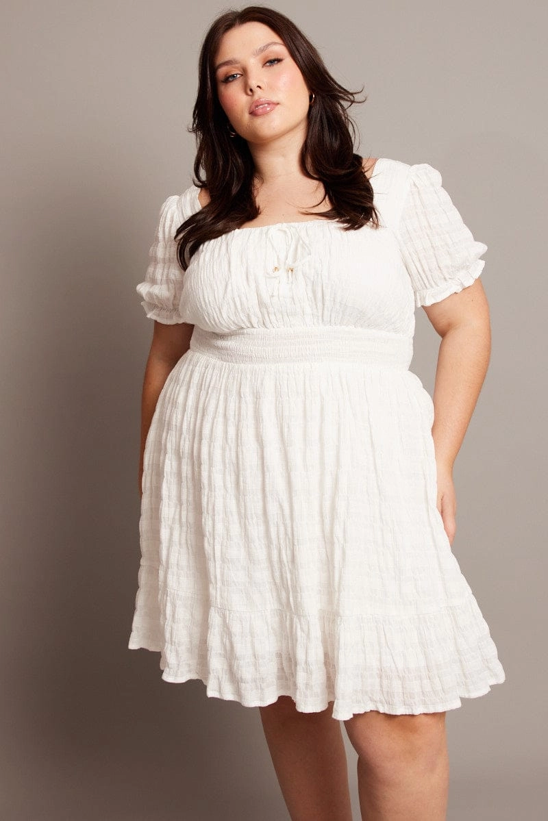 Polished Details All weather White Textured Check Cotton Blend Shirred Waist Mini Dress