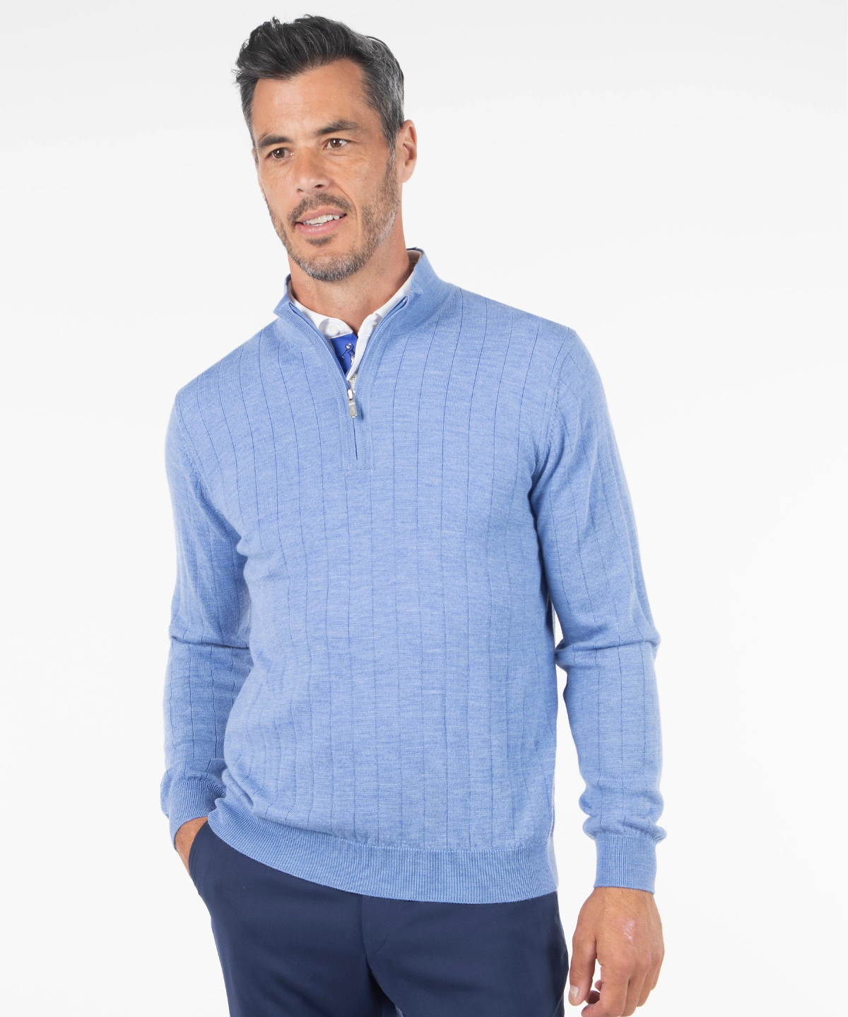 Interlock Weave Crisp Design Signature Merino Quarter-Zip Mock Neck Sweater